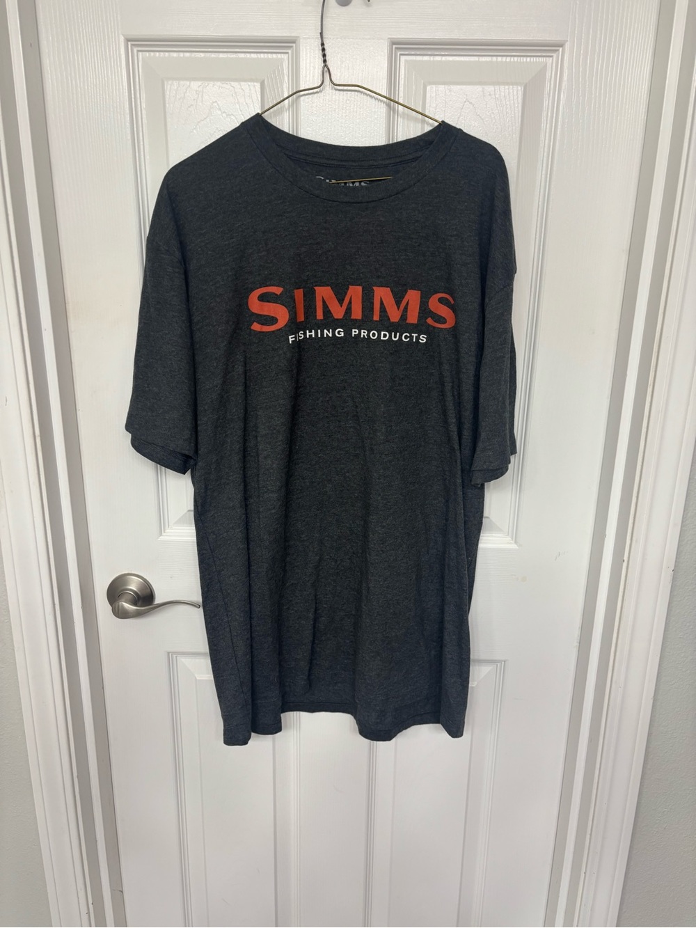 SIMMS Men's Dark Gray Logo T-Shirt - Charcoal with Orange Print size Large